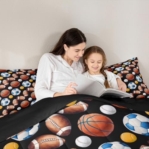 Image of Feelyou Soccer Football Comforter Set Queen Size Basketball Baseball Softball Sport Theme Bedding Set for Kids Boys Girls Black Duvet Quilt Bedroom Decor Microfiber 3 Pcs with 2 Pillow Cases