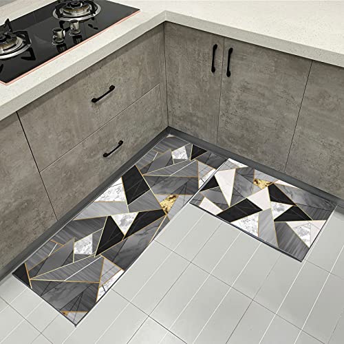 Lot de 2 tapis de cuisine antidérapants - Rayures géométriques en marbre - Absorbe l'eau et l'huile - 40 x 60 cm + 40 x 120 cm (géométrique)