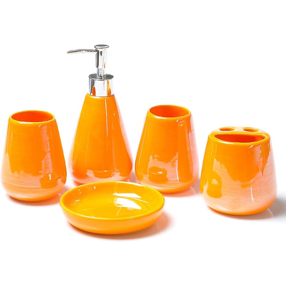 VECNUM Ceramic Perlglaze Bathroom Bathroom Accessories Set with Soap Dispenser, Toothbrush Mug, Soap Shell, Toothbrush Holder, 5Pcs,Orange
