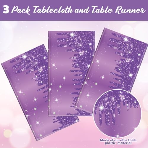 Image of Ganeen 3 Pcs Purple Tablecloths Glitter Sparkling Disposable Plastic Table Cover Sequin Printed Rectangle Tablecloths for Girl Women Birthday Wedding Party Decor Supplies, 54 x 108 Inch