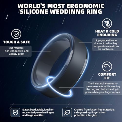 Image of Egnaro Men's Silicone Wedding Rings: Classic Black Step Edge Rubber band 10mm Wide 2.5mm Thick- Hypoallergenic for Gym /Outdoor /Gift(1 /4 /7 Variety Pack with Half Size)
