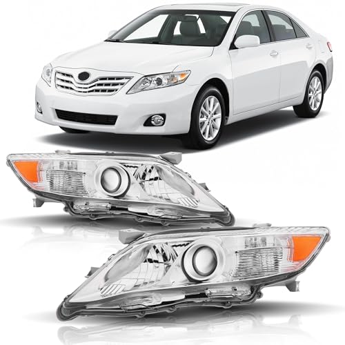 Headlights Assembly Compatible with 2010 2011 Toyota Camry SE/LE/XLE US Version Driver& Passenger Side Halogen Headlamp Assembly Chrome Housing Amber Reflector