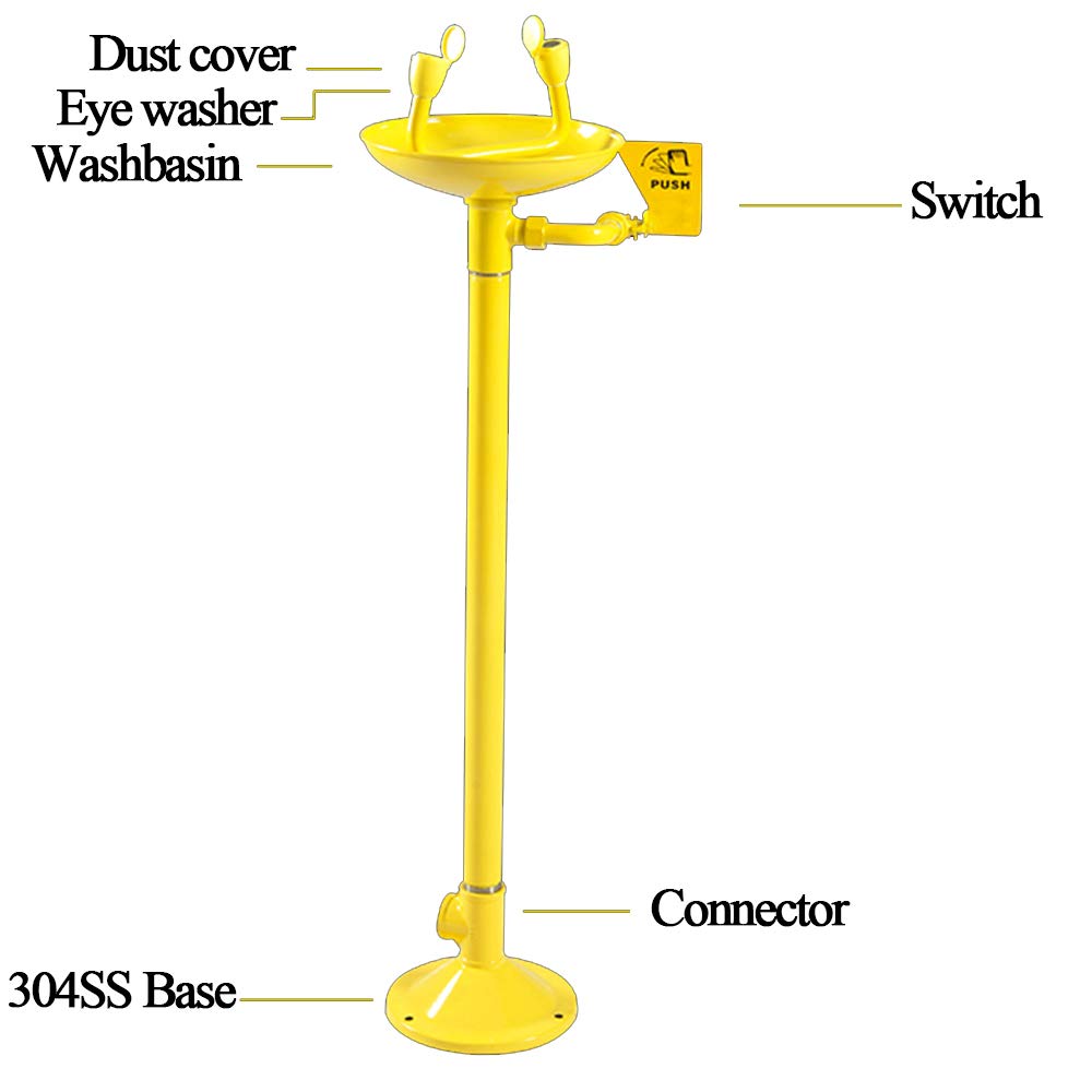 Huanyu Stand-up Eye Wash Station Emergency Eyewash 304 Stainless Steel with ABS Anti-Corrosion Coating 80 Mesh Gauze 12-18L/min (Standard Type)