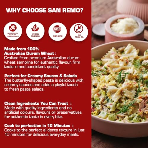 Image of San Remo Bowties Pasta 500g | Healthy No Maida | Durum Wheat Semolina | Farfalle Shape | Perfect for Creamy Sauces, Cheese & Salads | Vegan