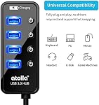 Atolla USB moyeu 3.0 Propulsé, USB Fendeur 4 Super vitesse du port USB 3.0 Prolongation + 1 Port de recharge, avec interrupteur indépendant et 5V / 3A AC Adaptateur