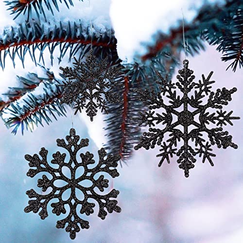 Image of 36pcs Black Christmas Snowflake Ornaments, Plastic Glitter Hanging Snow Flakes for Christmas Tree Decorations Winter Wonderland Frozen Birthday Party Holiday Home Decor Craft Snowflakes