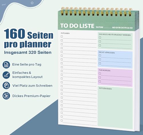 Agoer Tagesplaner Undatiert, Reißbar 2 Stück Wochenplaner To Do Planer A5, Beidseitiges Schreiben | Notizbuch mit To Do Liste Terminplaner Spiralblock mit Hardcover für Büro Schule