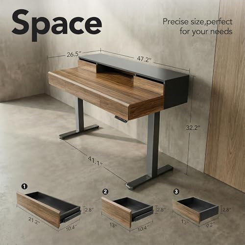 Image of ErGear Electric Standing Desk with 5 Solid Wood Drawers, 63 x 24 Inches Whole Piece Desktop, with Desktop Riser Stand, Compatible with C-Clamp Monitor Arms, Modern Office Desk, Dark Walnut