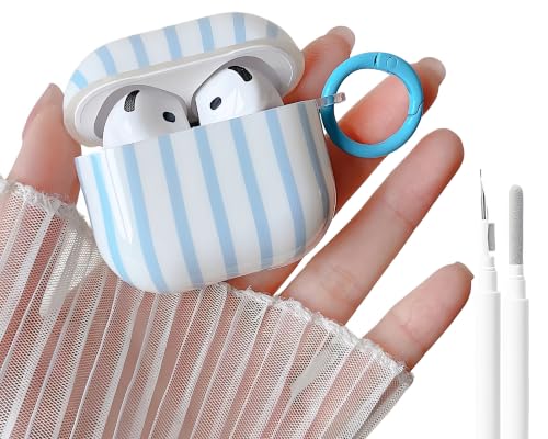 Image of MINSCOSE for AirPods 4 Clear Case,Cute Striped Aesthetic Pattern Design with Girly Keychain Ring,Soft TPU Protective Shockproof Cover with Cleaner Kit for Girls Women for Airpods 4-Blue