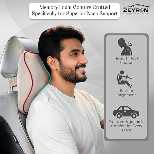 Image of Premium Car Neck Rest Pillow with 3-Year Warranty | Ergonomic Memory Foam Neck Pillow for Car | Exquisite Neck Rest with Elegant Packaging | Beige with Red Piping (Pack of 1)