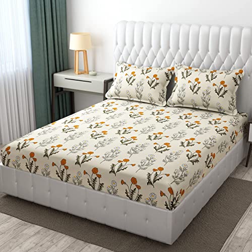 Image of Castiqa Elastic Fitted Supersoft Premium GlaceCotton 200TC Queen Size Floral Bedsheets with 2 Pillow Covers (Fits Upto Mattress of 8Inches) (Queen (60x78), Cream Orchid)