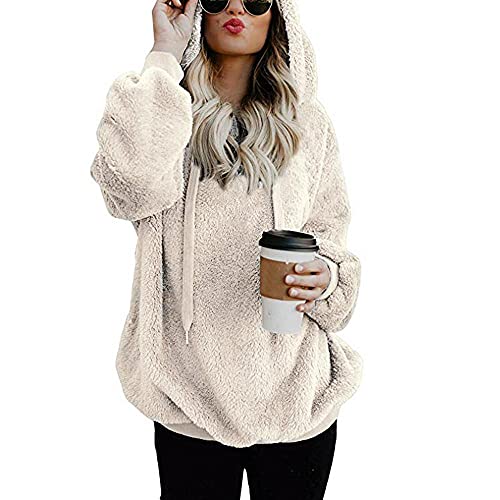 Darringls Felpa in pile da donna con cappuccio, in pelliccia di orsacchiotto, felpa con cappuccio, morbida felpa con pelliccia, lavorata a maglia, 02# beige, S