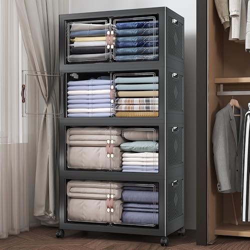 Image of UAMFURI Stackable Storage Bins with Lids, 480QT Closet Organizers and Storage Cabinet with Doors & Wheels, Lockable Plastic Foldable Drawers for Bedroom Dorm Office Garage(120QT*4,Black)