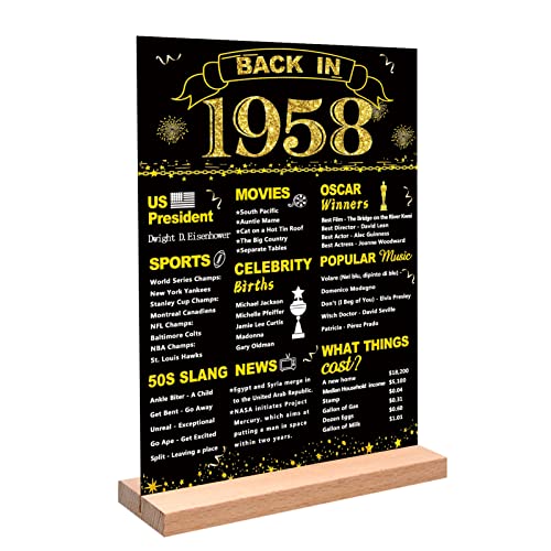 DARUNAXY Black Gold 65th Birthday Gift for Men, One-sided Back in 1958 Poster Acrylic Table Sign with Stand for Women 65 Years Old Party Decoration Vintage 1958 Party Supply 65th Class Reunion Decor