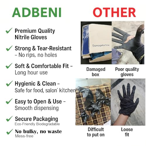 Image of Adbeni Nitrile Gloves | Food Handling | Disposable | Powder Free | Premium | Medical Examination, Kitchen, Cleaning, Cooking, Salon, Spa, Gardening, Travel, Grooming | Soft & Comfortable | Pack of 100