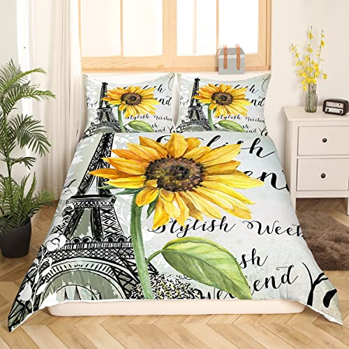 Loussiesd Eiffel Tower Sunflower Duvet Cover Bedding Set Botanical Floral for Kids Girls Paris Tower Comforter Cover Modern Bedspread Cover Duvet Cover King Size - Image 3
