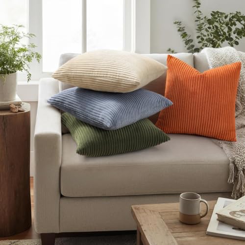 Image of Mecatny Corduroy Fall Decorative Throw Pillow Covers 24x24 Set of 2 for Sofa Living Room, Soft Neutral Boho Couch Pillow Covers for Home Decor, Burnt Orange