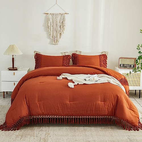 Image of Andency Comforter Full Size Set Burnt Orange, Boho Terracotta Lightweight Vintage Soft Bedding Comforter Sets, 3 Pieces Rust Bed Set (79x90In Comforter & 2 Pillowcases)