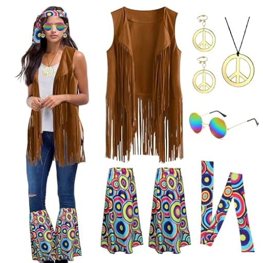 Disfraz Hippie Mujer, Chaleco con Flecos + Gafas Redondas + Collar Paz + Pendientes + Diadema + Calentadores, Disfraz Hippie Adulto años 60 70, Hippie Accesorios para Fiesta Decoraciones Cotidiana-A | Ya disponible en tu tienda friki favorita! En mundofriki.es!