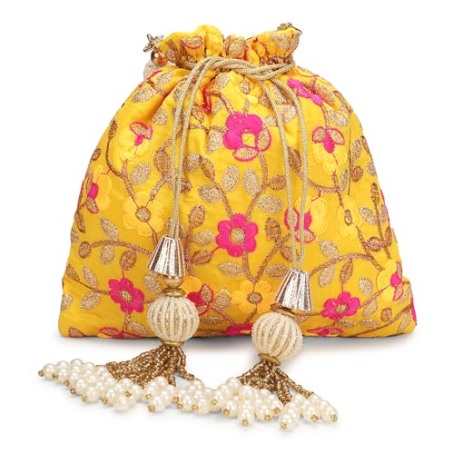LONGING TO BUY Indian Embroidered Pearl Potli Bag For Women, Sequence Design with Tassel, Wedding Potli Bags (Yellow Multi)