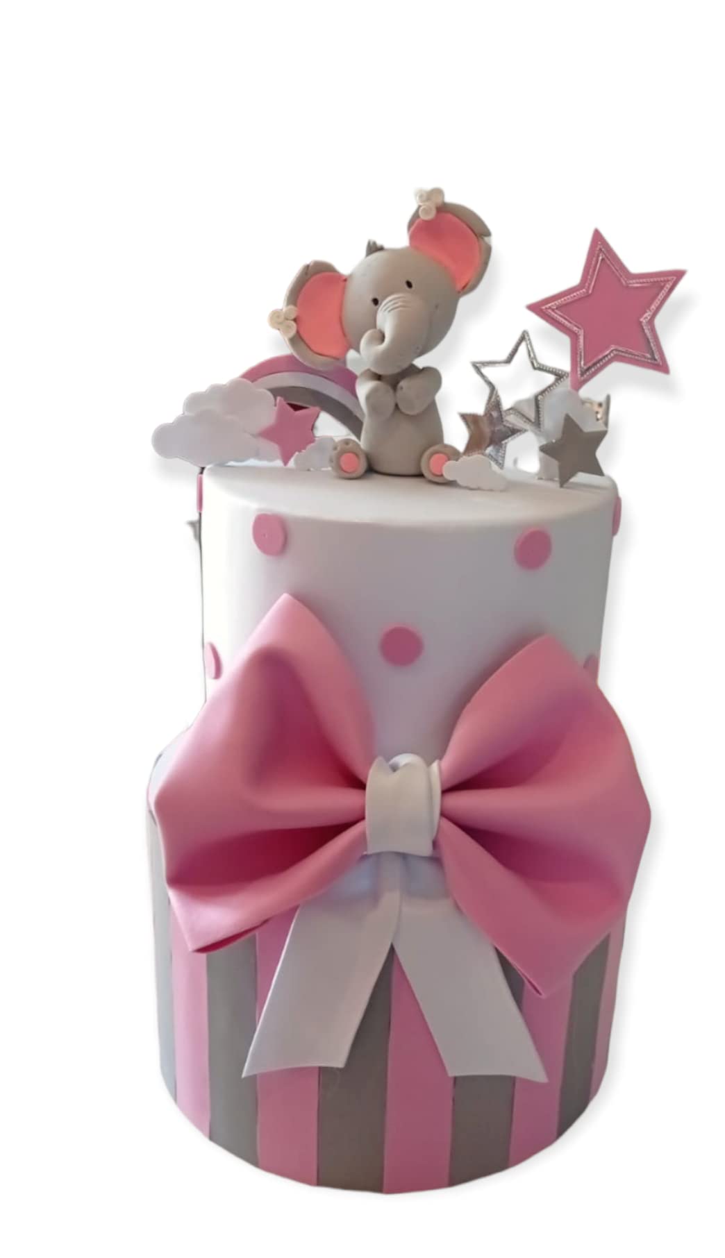 Torta scenografica finta in gomma eva a tema elefantino, a 2 piani, personalizzabile