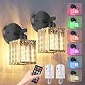ZAUKNYA Battery Operated Wall Sconces Set of 2, Rechargeable Wireless Sconces with Remote Dimmable 12 Colors Crystal Battery Wall Sconce Set of Two for Bedroom Living Room Hallway (Black)