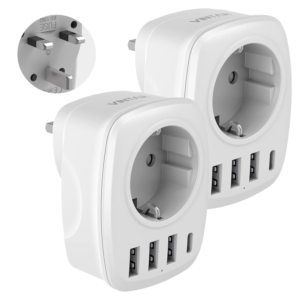 2PC Reiseadapter UK Adapter England Deutschland Stecker, VINTAR Steckdosenadapter Reisestecker Stromadapter mit 3 USB A und 1 USB C Anschluss, geeignet für Großbritannien England Irland Malaysia, TypG