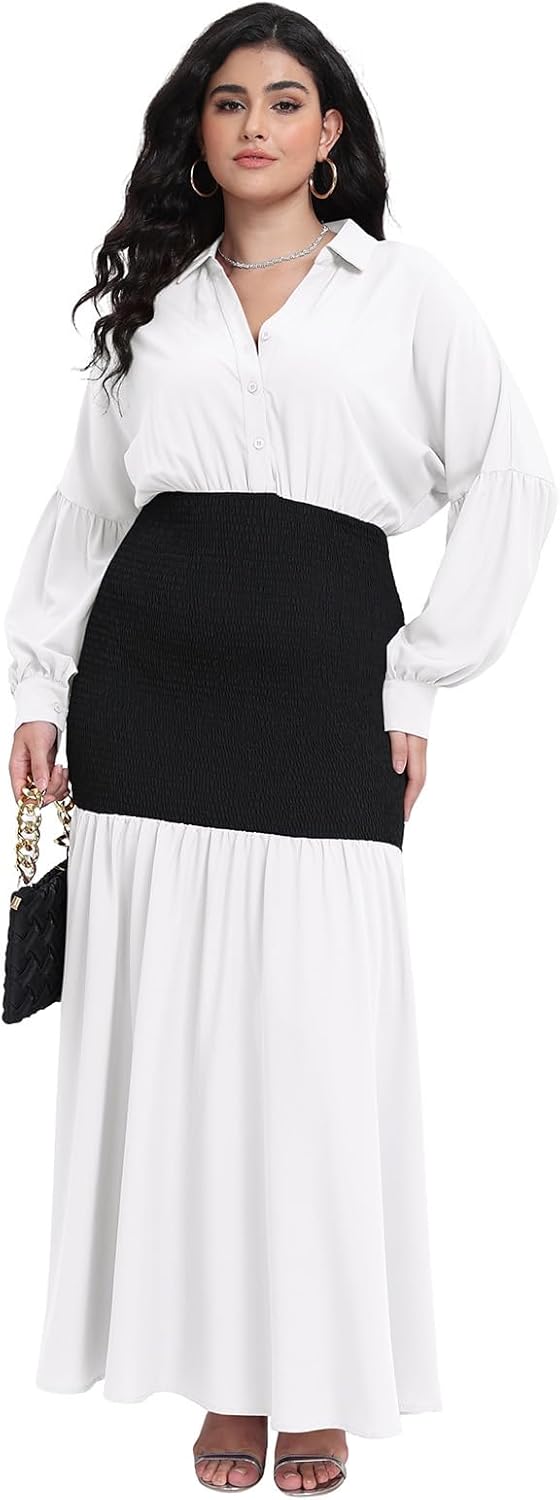 Ekaliy Women's Puff Long Sleeve Shirt Dress Elegant Button Down Loose Swing Party Maxi Dress - Image 5