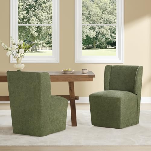 Image of KISLOT Upholstered Dining Chairs Set of 1 with Casters, Wingback Modern Side Armless Deskchair with Rollers for Diningroom Bedroom Livingroom Reading Room, Green Fabric