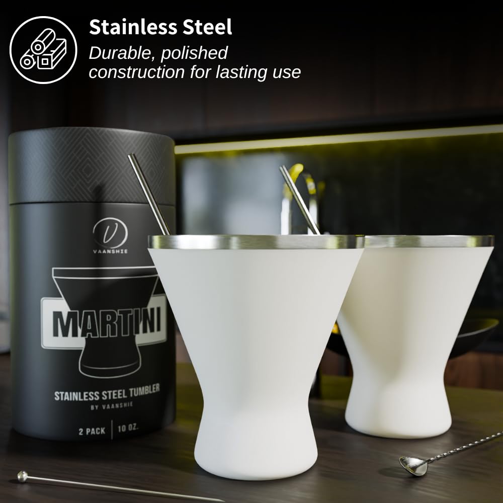 vaanshie Stainless Steel Martini Glass [Pack of 2] – 10oz Cream, Powder Coated, No Sweat, Double Wall Margarita Tumbler for Cocktails and Cold Drinks | Perfect for Mother's Day Gift