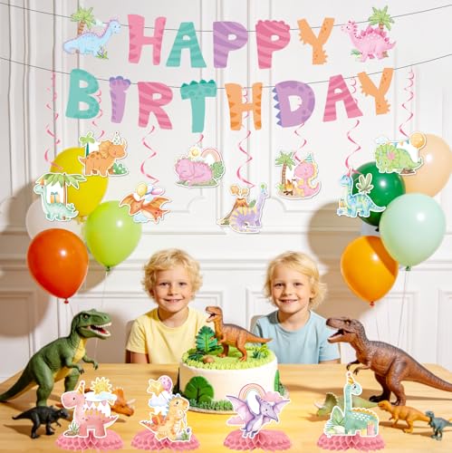Image of Girl Dinosaur Party Decorations, 14 PCS Pastel Dino Happy Birthday Banner Hanging Swirls Table Decor, Pink Girly Cute Dinosaur Bday Party Supplies