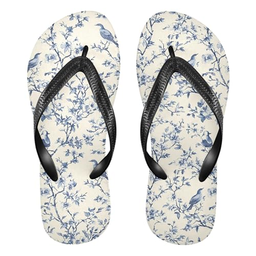 Burbuja Vintage Indigo Twig Bird Flip Flops for Women Men, Soft Thong Sandals Rubber Slippers for Pool Beach Essentials