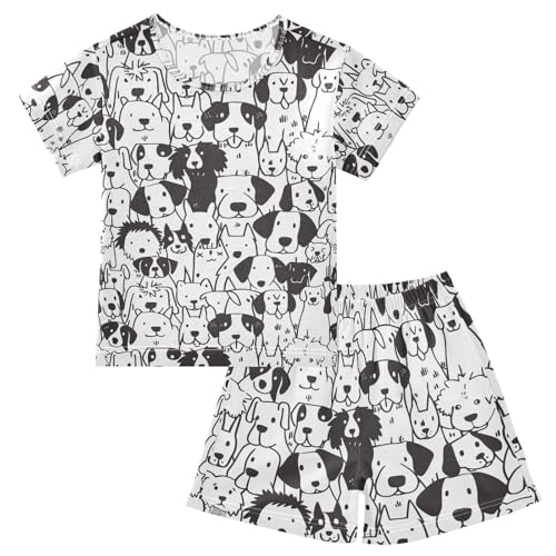 ALAZA Puppy Dog Black White Pajamas Set Short Sleeve Cotton Sleepwear Summer Pjs 2 Piece 5-14Y