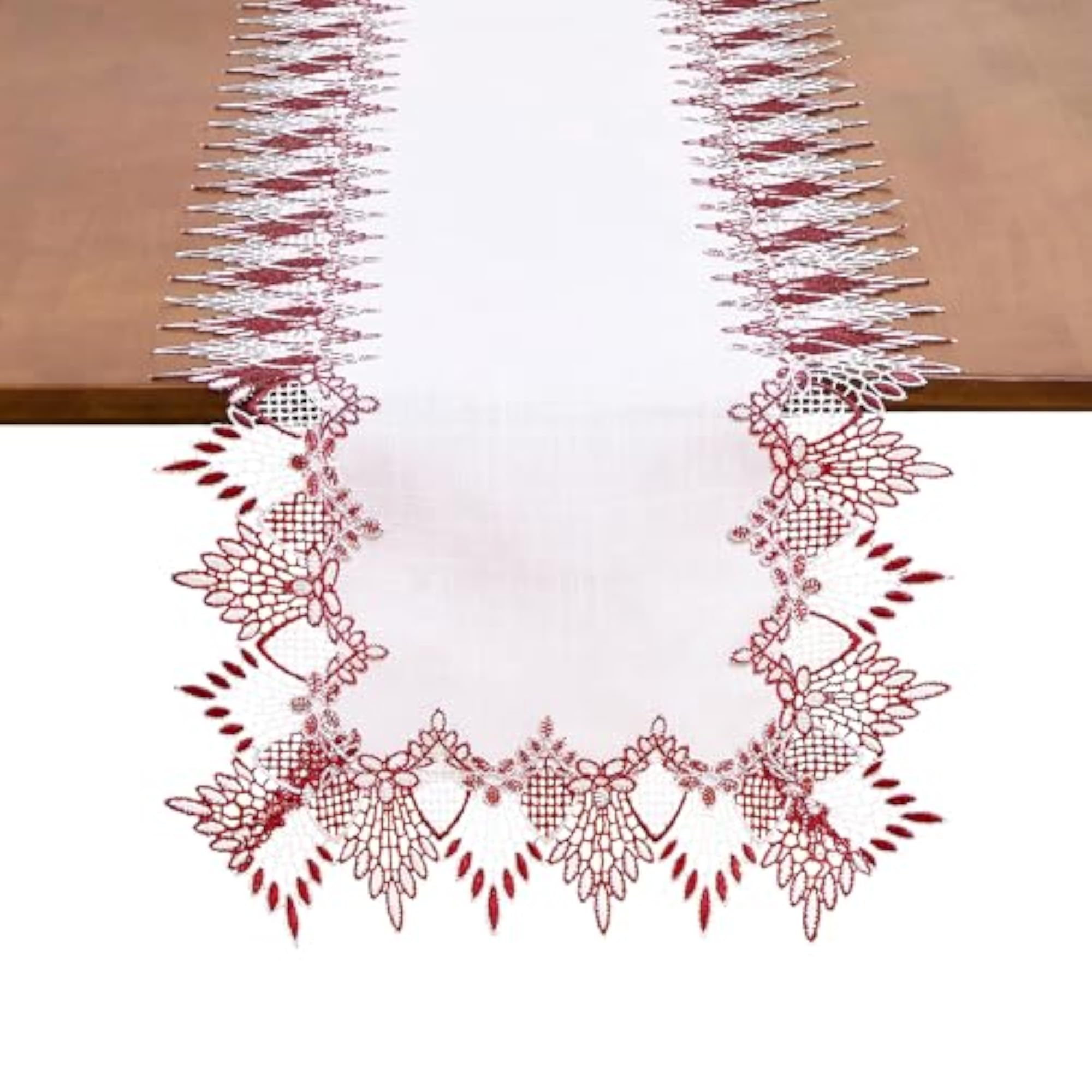 White Dark Red Linen Lace Table Runner