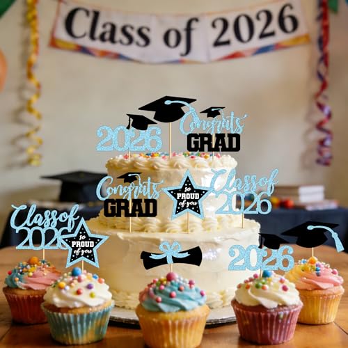 Image of 48 PCS Graduation Cupcake Toppers 2026, 6 Styles Grad Cupcake Toppers, Glittery Congrats Graduation Decor, Black and Sky Blue Cap and Diploma Cake Picks for Grad Decorations Party Supplies