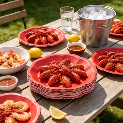 Image of NatNarr 30 Pcs Red Paper Plates 7 Inch Scalloped Dessert Plates Cake Plate | Red Party Plate Disposable for BBQ, Seafood Boil Party, Wedding, Birthday