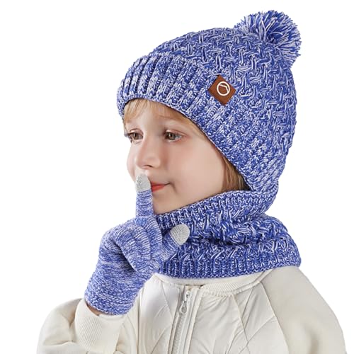 Lancry Kids Winter Hat Scarf and Gloves Set Warm Thermal Knitted Beanie Cap Snood Neck Warmer Touchscreen Mitten with Soft Fleece Lining for Girls Boys Age 4-10 (Blue)