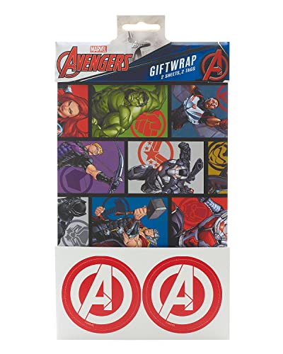 O pacote de papel de embrulho da Marvel Avengers contém 2 folhas e etiquetas de papel de embrulho