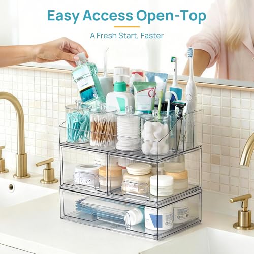 Image of Vtopmart 8 PCS Bathroom Countertop Organizer, 1 Divided Tray with 4 Qtip Holder Jars and 3 Drawers, Restroom Clear Organizers for Toothbrush, Cotton Pads, Vanity Accessories Storage Set