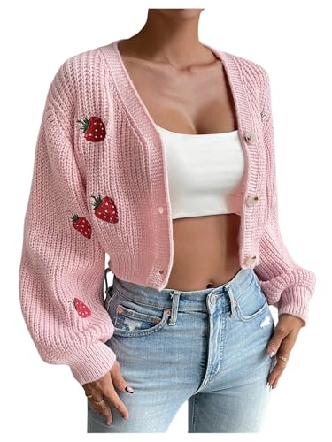WDIRARA Women's Strawberry Embroidery Crop Cardigan Drop Shoulder Button Up Sweater Tops V Neck Outerwear