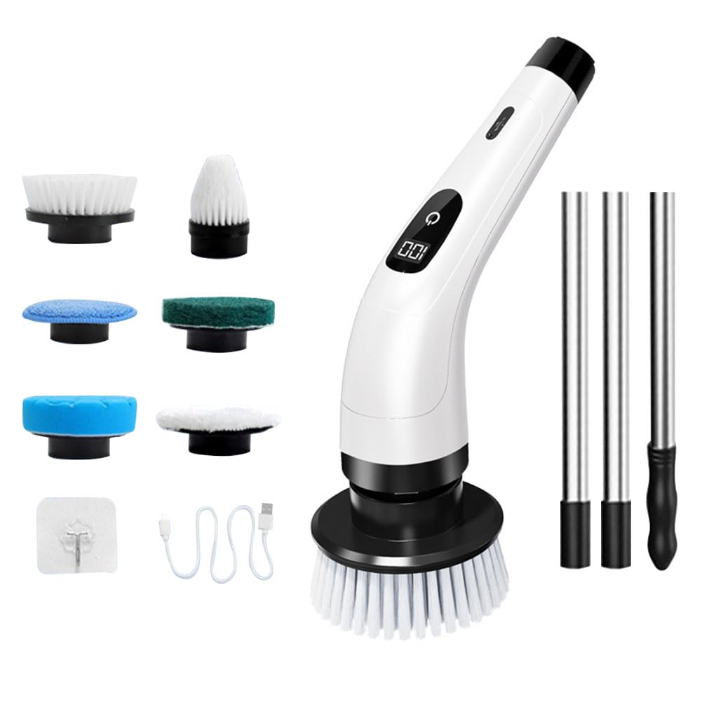 Cepillo eléctrico giratorio con 7 cabezales de cepillo reemplazables, cepillo de limpieza inalámbrico con mango extensible, limpiador eléctrico para baño, bañera, azulejos, suelo