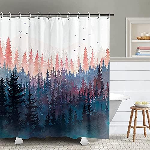 RosieLily Forest Shower Curtain, Mountain Shower Curtain, Pine Trees Pink Nature Shower Curtain, Rustic Foggy Art Shower Curtain, 72W x 72H Inch Shower Curtain Hooks Waterproof Fabric Bathroom Curtain