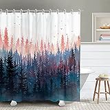 RosieLily Forest Shower Curtain, Mountain Shower Curtain, Pine Trees Pink Nature Shower Curtain,...