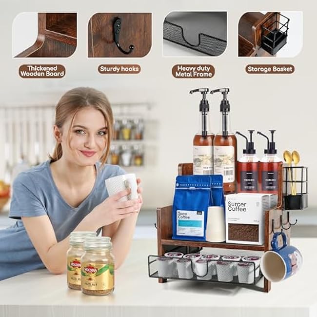 3-Tier Coffee Station Organizer for Countertop, Wood Coffee Bar Organizer with Drawer, Rustic Coffee and Tea Condiment Organizer, K-Cups Coffee Corner Organizer with 6 Hooks for Coffee Bar Accessories