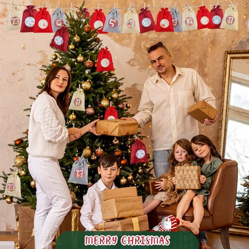 Adventskalender zum Befüllen Groß,24 Adventskalender Weihnachtskalender zum Selber Befüllen,Adventskalender Selber Basteln Säckchen mit Zahlen,DIY Weihnachten Aufhängen Geschenksäckchen für Kinder