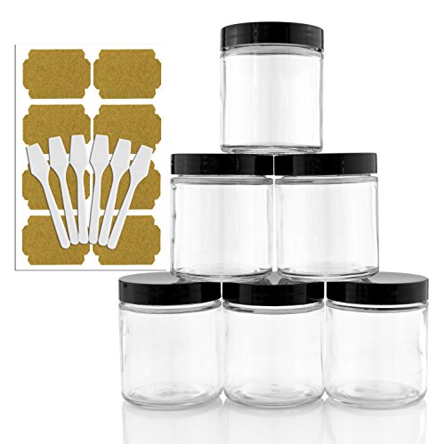 4oz Clear Glass Straight Sided Jars w Spatulas & Labels (6-pack); Refillable Cosmetic Containers w BPA-free Black Plastic Lids