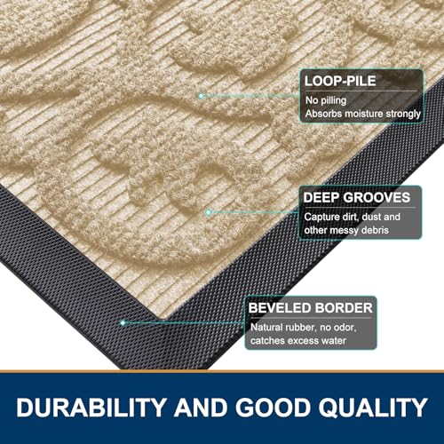 Image of Smiry Welcome Door Mat Outside Entrance, Heavy Duty Trap Dirt and Moisture Easy Clean Low Profile Patio Porch Indoor Outdoor Front Doormat for Entry, 35x23 Inch, Beige