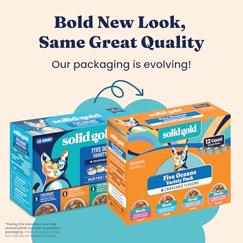 Image of Solid Gold Wet Cat Food Variety Pack Shreds in Gravy - Healthy Canned Cat Food Made w /Real Tuna & Fish Protein & Vitamins - Grain Free & Gluten Free Canned Meals for Cats & Kittens - 12ct /3oz Can