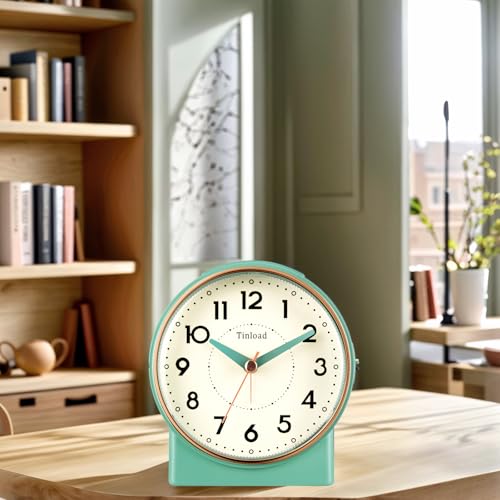 Image of Tinload 4.3 inch Retro Analog Alarm Clock, Vintage Decor, No Ticking Silent, Easy to Set, Gradual Rise Alarm, On /Off Switch on Side, Gentle Wake, Snooze, Lighted on Demand, Battery Operated, Retro Green
