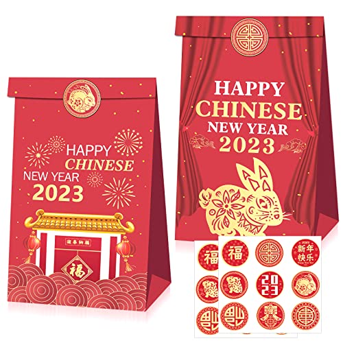 18 Stück Chinesisches Neujahr 2023 Jahr des Kaninchen-Party-Goodie-Taschen, Mond-Neujahrs-rote Kraftpapier-Süßigkeitentüten, Frühlingsfest, Partygeschenk-Box, Geschenktüten Cover